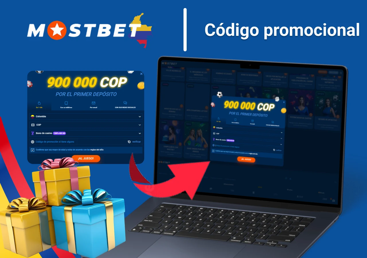 mostrando un código promocional para nuevos jugadores en Colombia, con opciones de bonificación y promociones