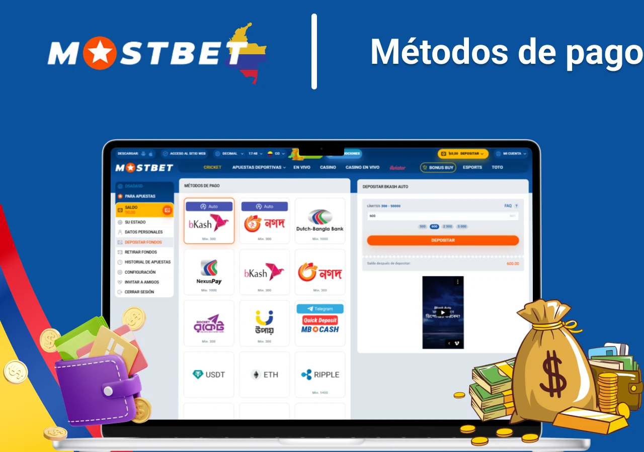 métodos de pago en Mostbet, mostrando diversas opciones de depósito y retiro, incluyendo criptomonedas y métodos de pago tradicionales